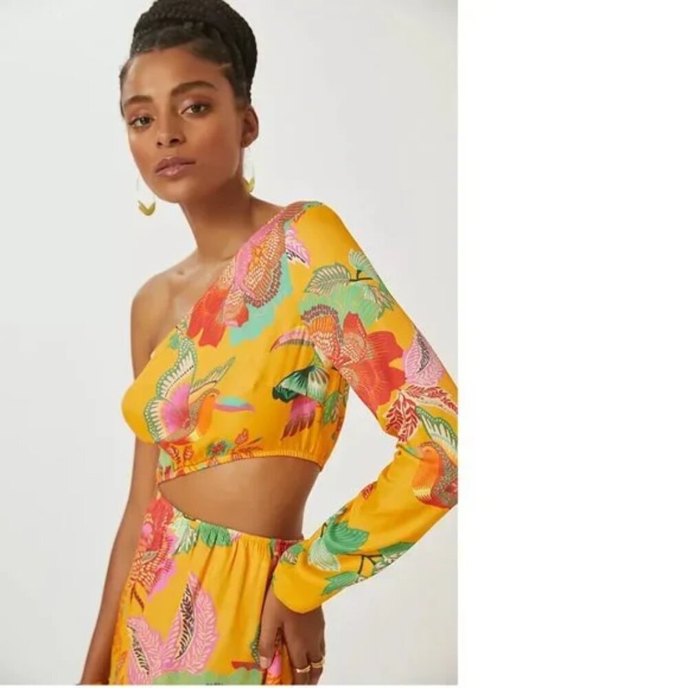 Farm Rio / Anthropologie Maxi Dress Tropical Floral One-Shoulder cutout Sun M - Picture 2 of 5